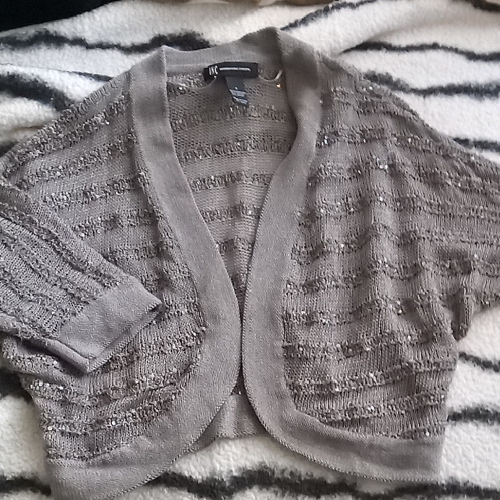 INC International Concepts Taupe Open-Front Crochet Cardigan
